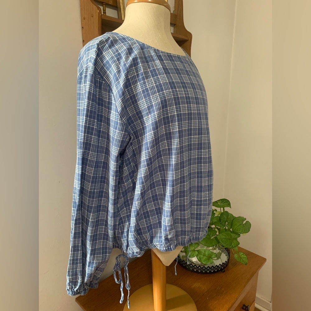 ANA A New Approach NWT Blue Plaid Long Sleeve Boho Peasant Blouse Size M - Picture 5 of 14